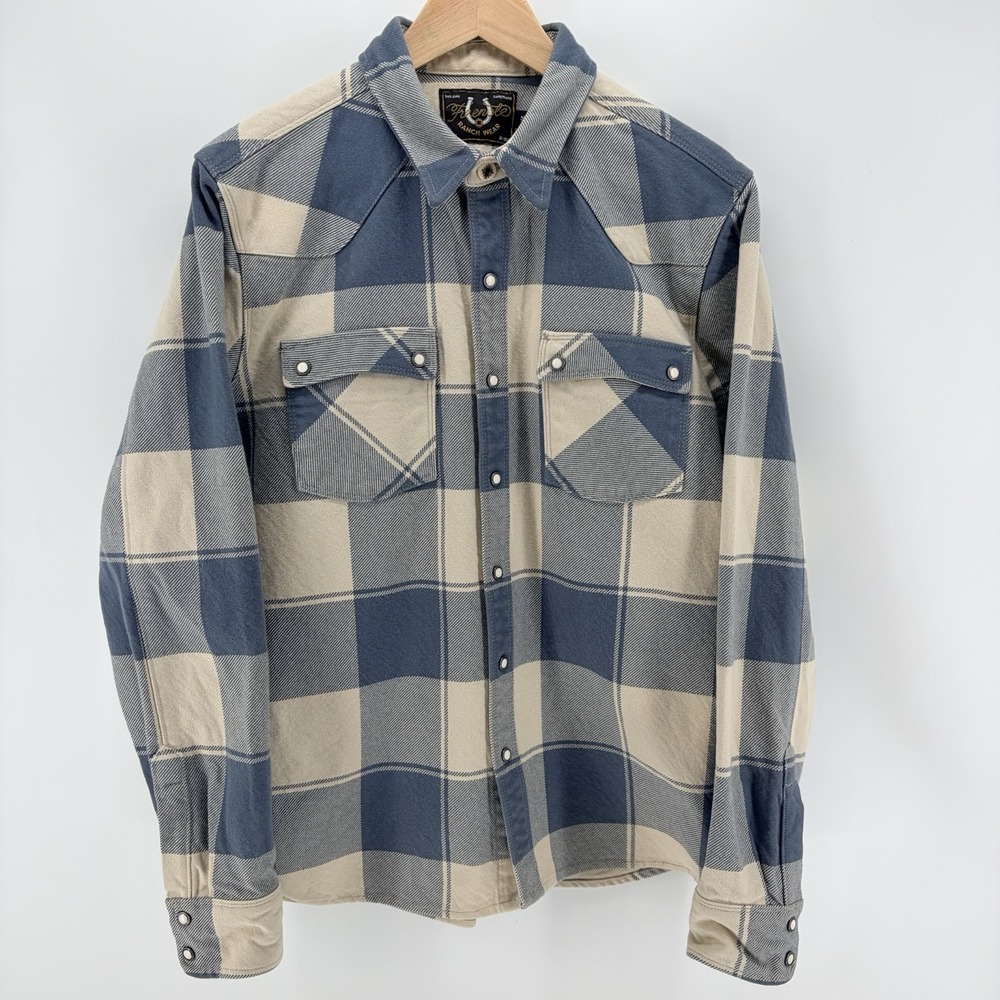 Freenote Cloth Modern Western Shirt Snap Button Up Crème Blue Flannel Plaid